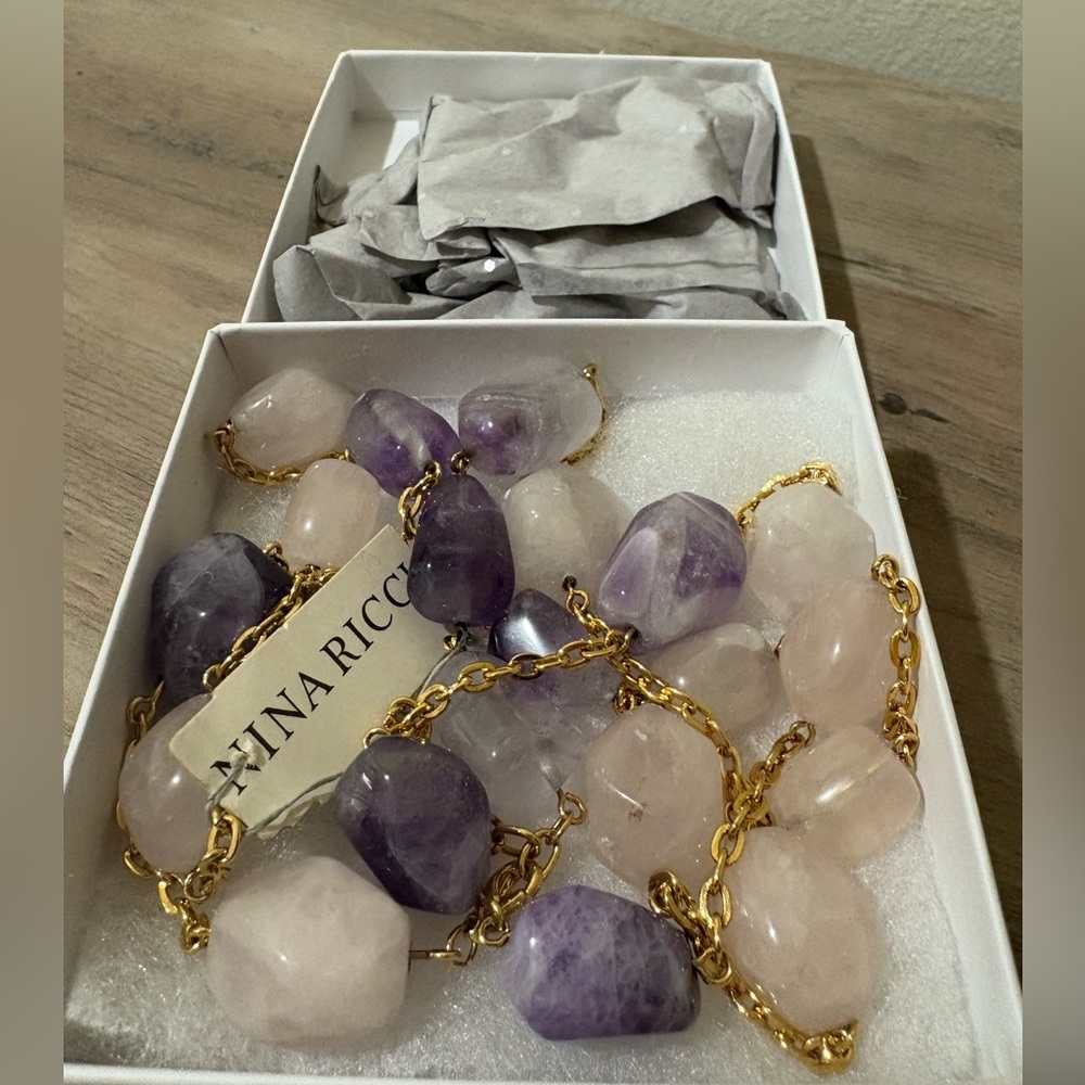 Amethyst stone ‎ Nina Ricci Gold and Purple Necklace,gold plated, 16.5"